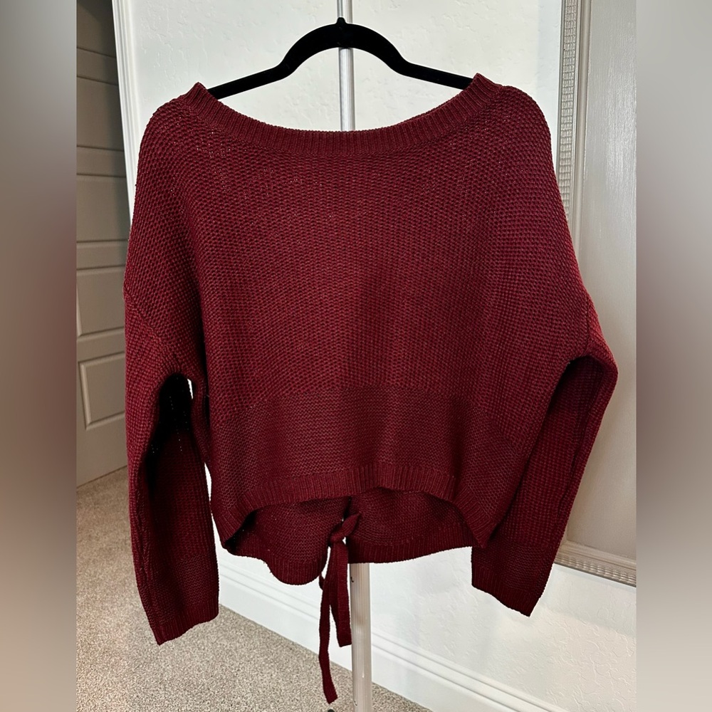 Ambiance Off-the-Shoulder Back Tie Burgundy Sweater